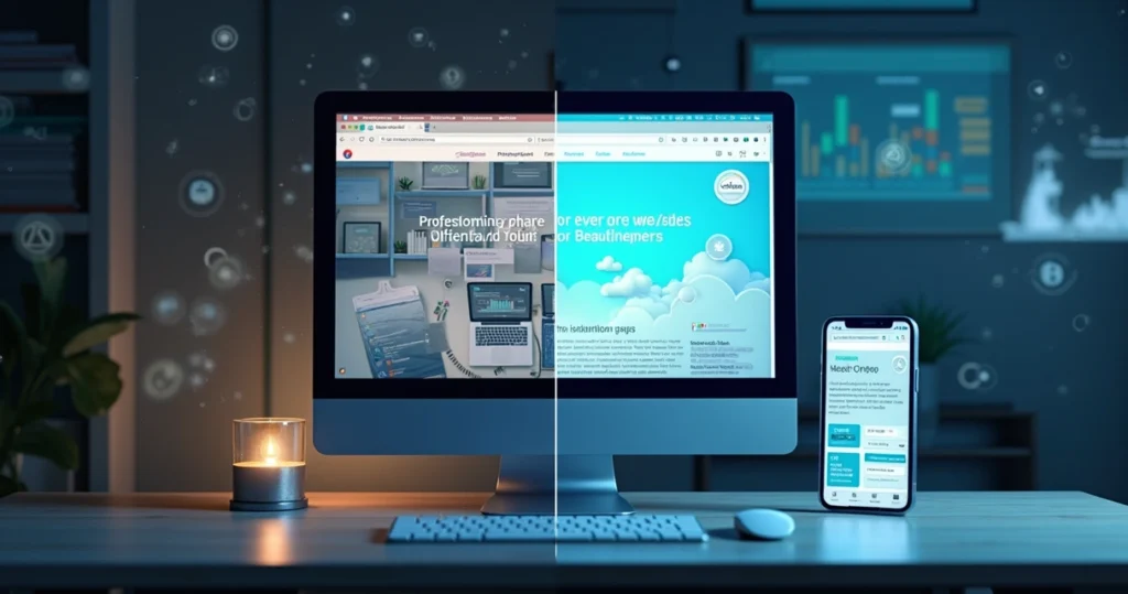Comparação entre um site amador e um site profissional mostrando diferenças visuais e técnicas