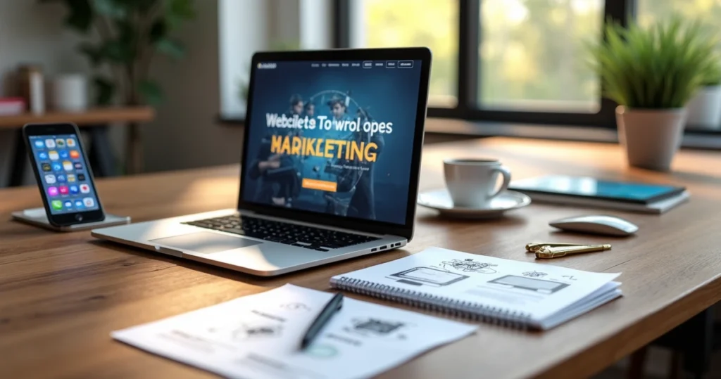 Mesa de trabalho com notebook exibindo criação de site profissional, cercada por anotações, smartphone e café