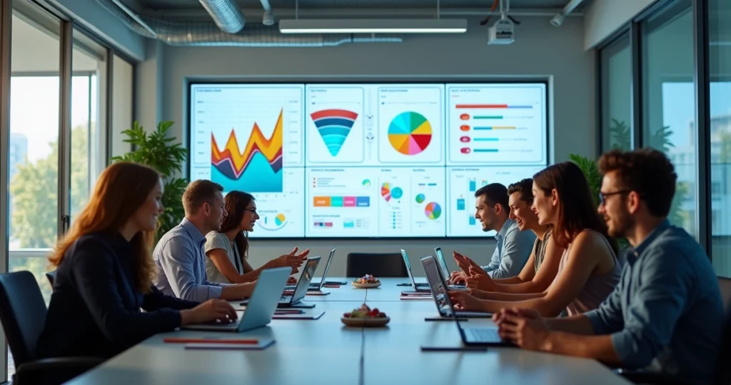 Equipe de marketing e vendas colaborando em escritório moderno com telas mostrando gráficos de desempenho e funil de vendas