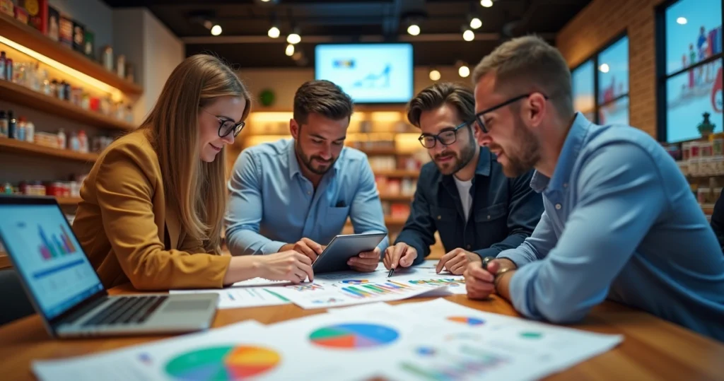 Varejista e equipe analisando estratégias de venda com gráficos digitais e planos na mesa