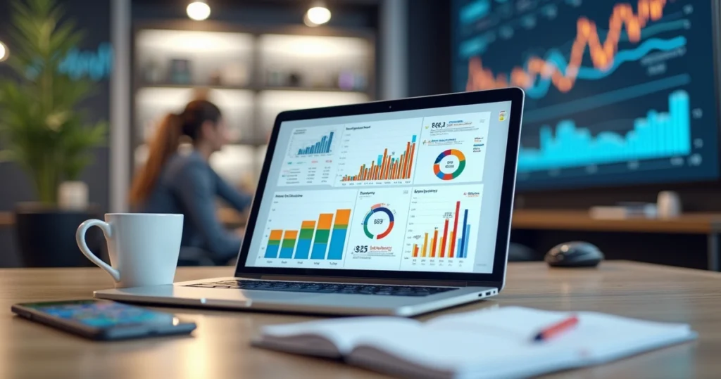 Mesa com notebook mostrando análise de dados de marketing digital e gráficos de desempenho em e-mail marketing