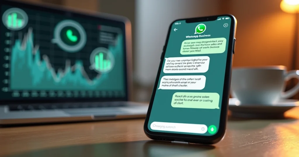 Celular exibindo conversa no WhatsApp Business com mensagens de vendas e gráficos de conversão ao fundo