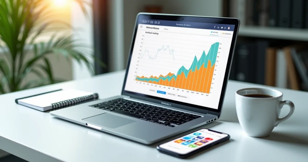 Mesa de trabalho moderna com laptop aberto mostrando portfólio digital, gráficos de vendas e elementos de design responsivo em tela clara