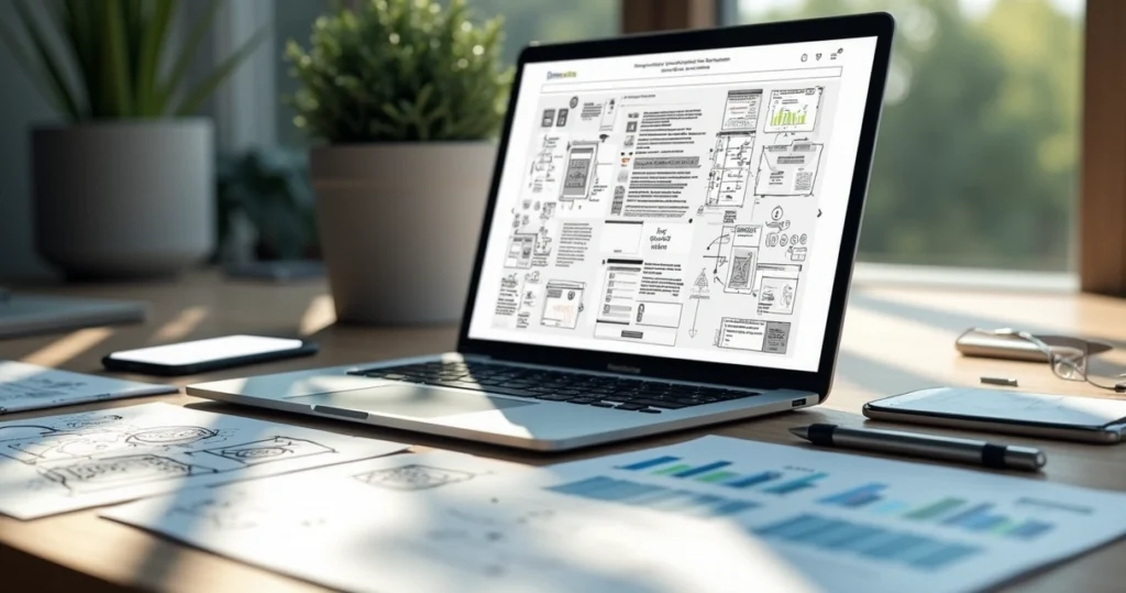 Mesa de trabalho com laptop mostrando diagramas de site, anotações com design responsivo e elementos de SEO ao redor