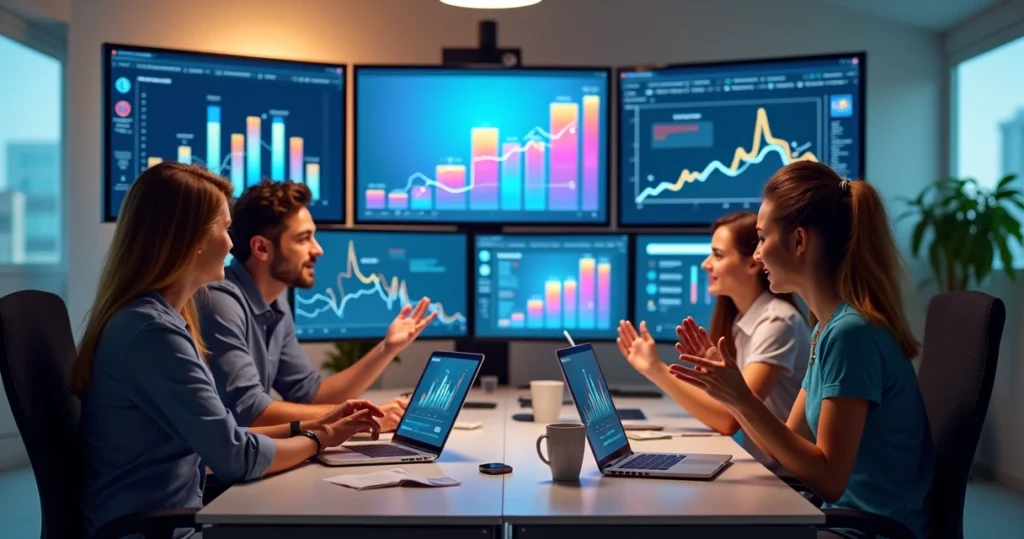 Equipe de profissionais de marketing digital trabalhando com telas mostrando gráficos, redes sociais e anúncios digitais