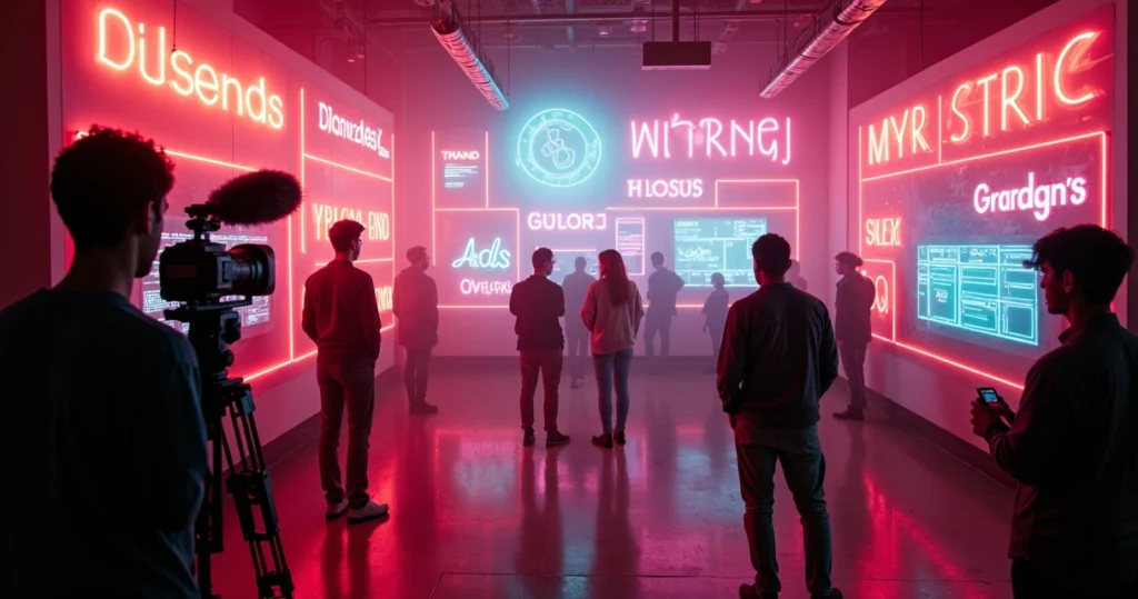 Cena estilizada de bastidores de Hollywood com elementos visuais de marketing e marcas icônicas ao fundo