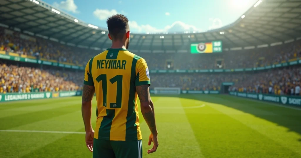 Jogador Neymar com camisa do Santos em estádio lotado com torcida mista entre entusiasmo e frustração