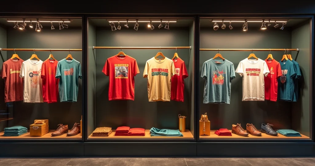 Vitrine de shopping em Curitiba com camisetas Stranger Things e decoração retrô