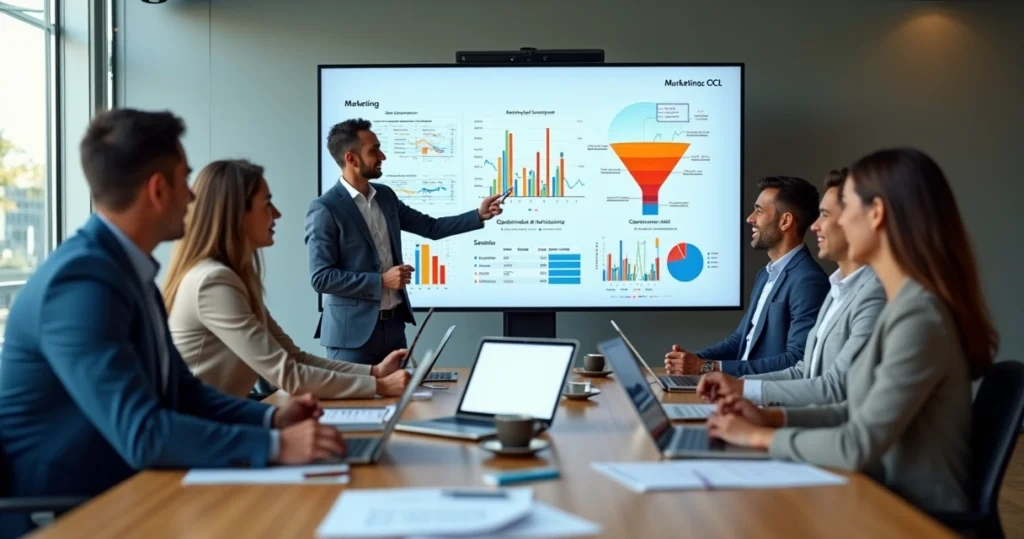 Equipe de marketing e comercial reunida em frente a painel com funil de vendas e gráficos