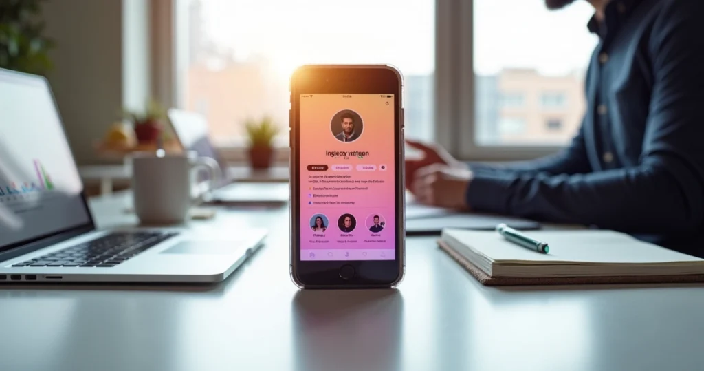 Empreendedora ajustando a bio do Instagram em perfil profissional de negócios