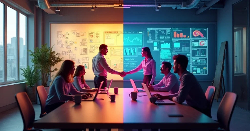 Mesa com equipe interna de marketing de um lado e agência parceira do outro lado se conectando por tela gigante