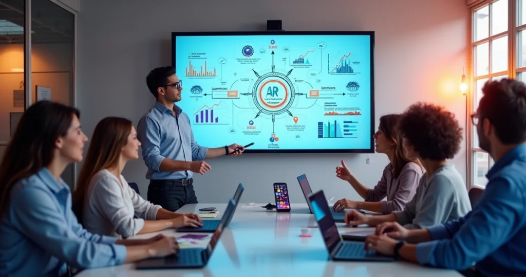 Profissional explicando conceito técnico em tela digital para equipe não técnica em escritório moderno