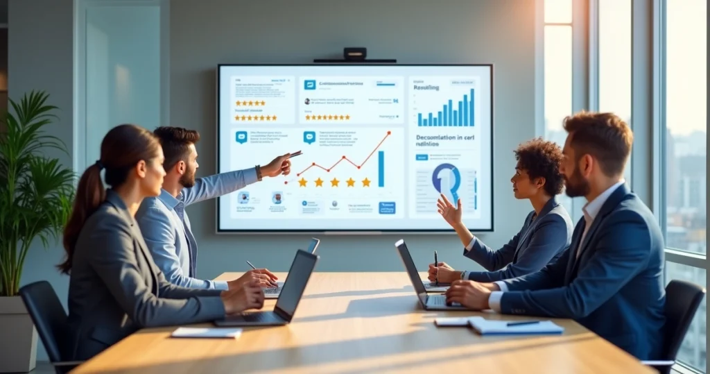 Equipe de negócios analisando reputação digital em tela grande em sala de reunião moderna