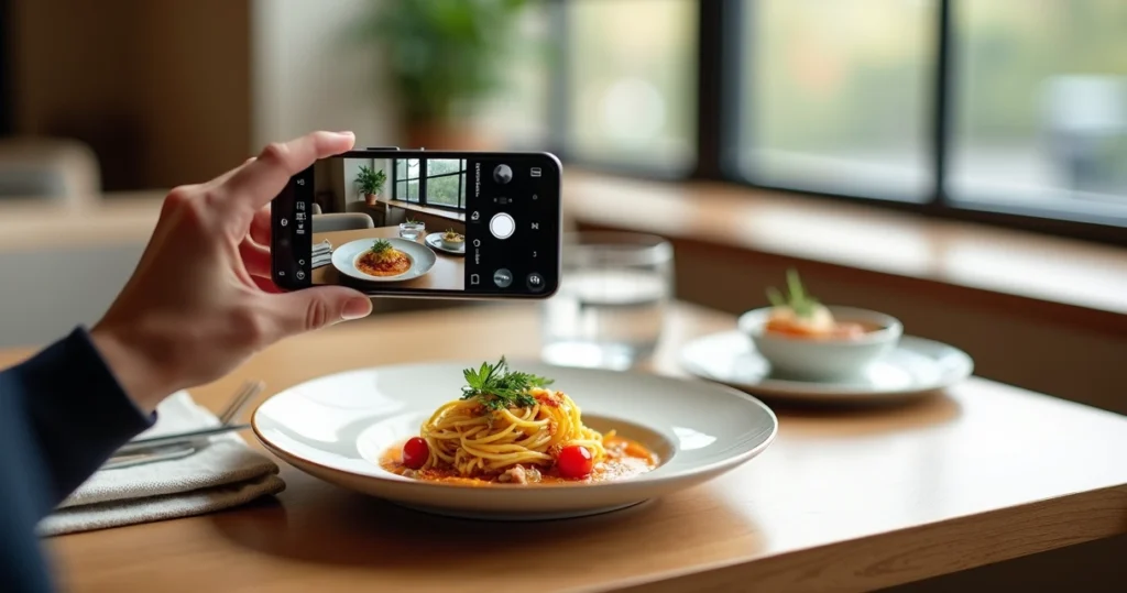 Pessoa fotografando prato em restaurante com celular usando luz natural