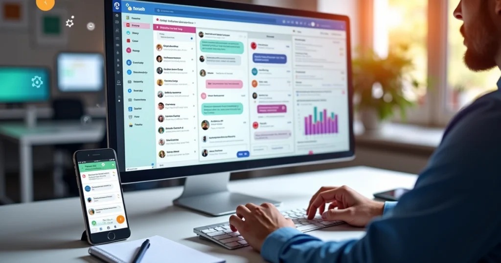Profissional gerenciando comentários e directs em várias redes sociais no computador