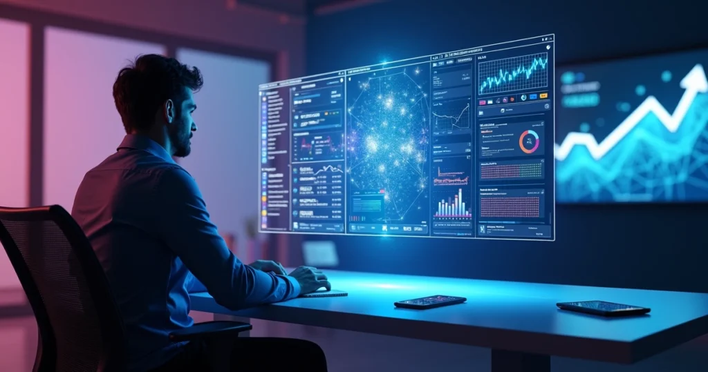 Profissional analisando painel com posts e métricas de redes sociais em tela holográfica