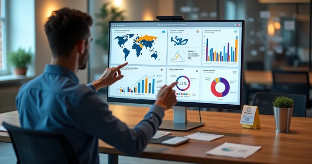 Profissional analisando gráficos de público-alvo em redes sociais na tela do computador