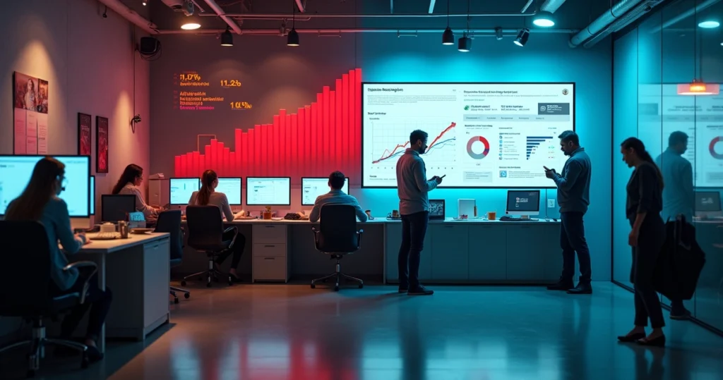 Equipe de vendas frustrada com fila de clientes e gráficos de queda nas vendas