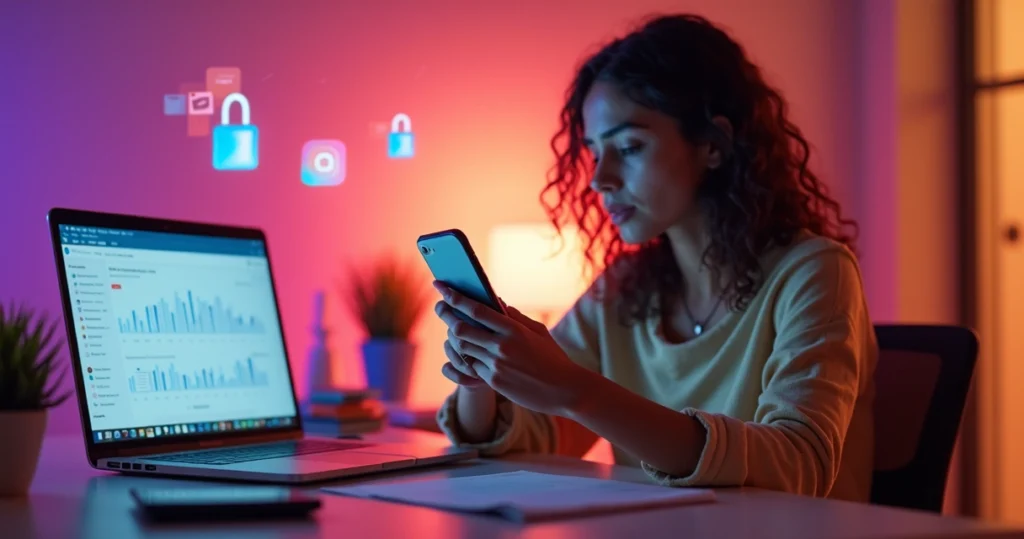 Empreendedora olhando frustrada para tela de celular com ícones do Instagram Direct bloqueados