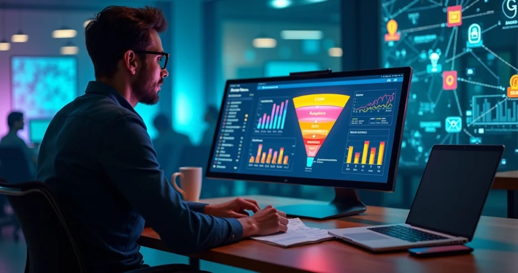 Profissional analisando painel digital com funil e métricas de marketing digital