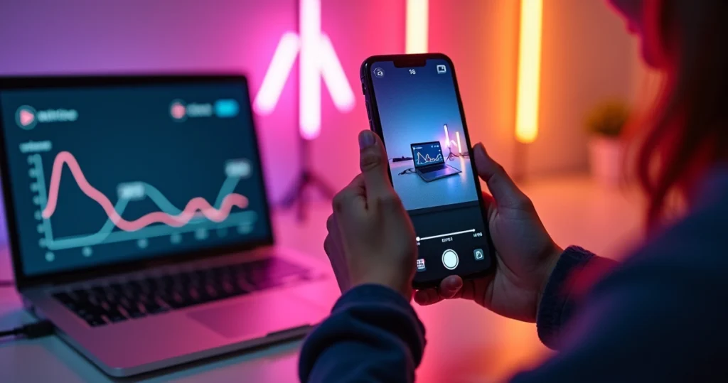 Criador de conteúdo grava Reels vertical no celular com tela do Instagram aberta