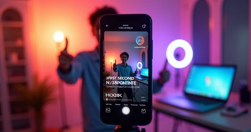 Criador grava Reels focado nos primeiros três segundos com ganchos em tela