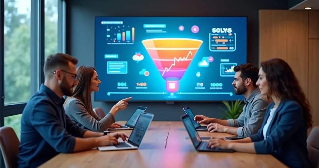 Equipe de marketing digital analisando dados em telas com funil de vendas ao fundo