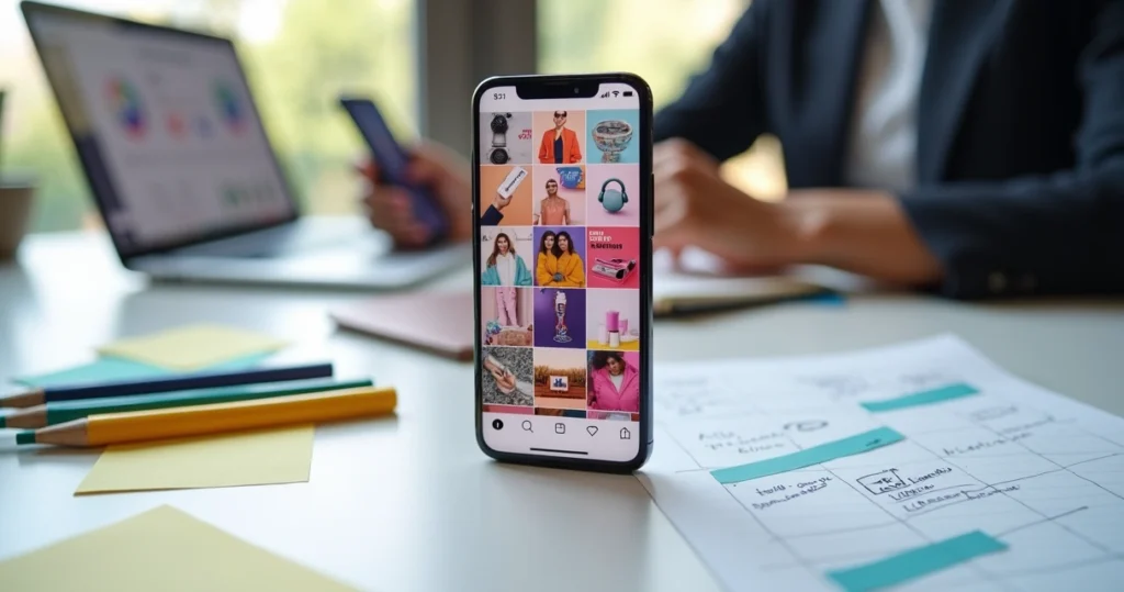 Grade de feed do Instagram organizada com posts coloridos e estratégicos em tela de smartphone