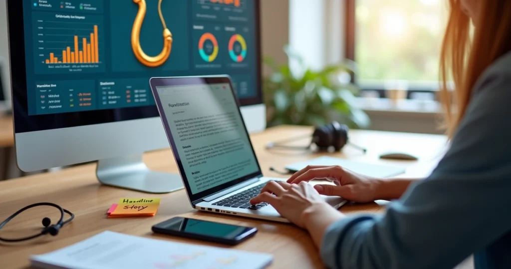 Profissional de marketing digitando em laptop com gancho em destaque na tela