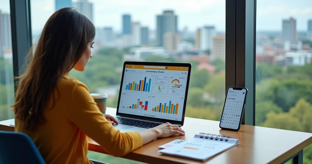 Profissional analisando redes sociais em laptop com vista de Curitiba ao fundo