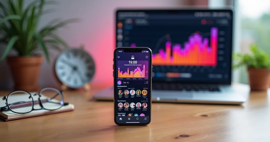 Tela de celular com Instagram aberto ao lado de um relógio sobre mesa de trabalho moderna