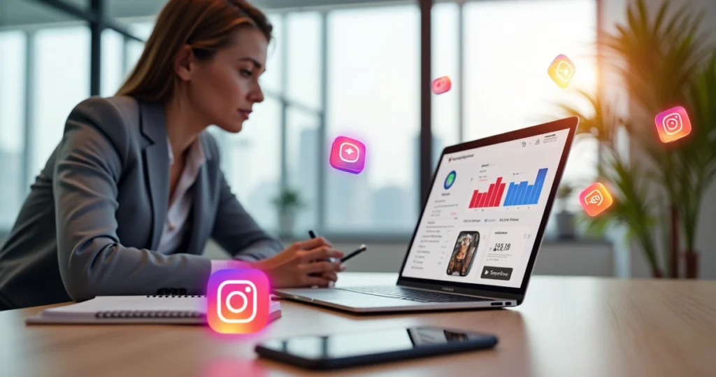 Empresária analisando métricas de vendas no Instagram em notebook e celular