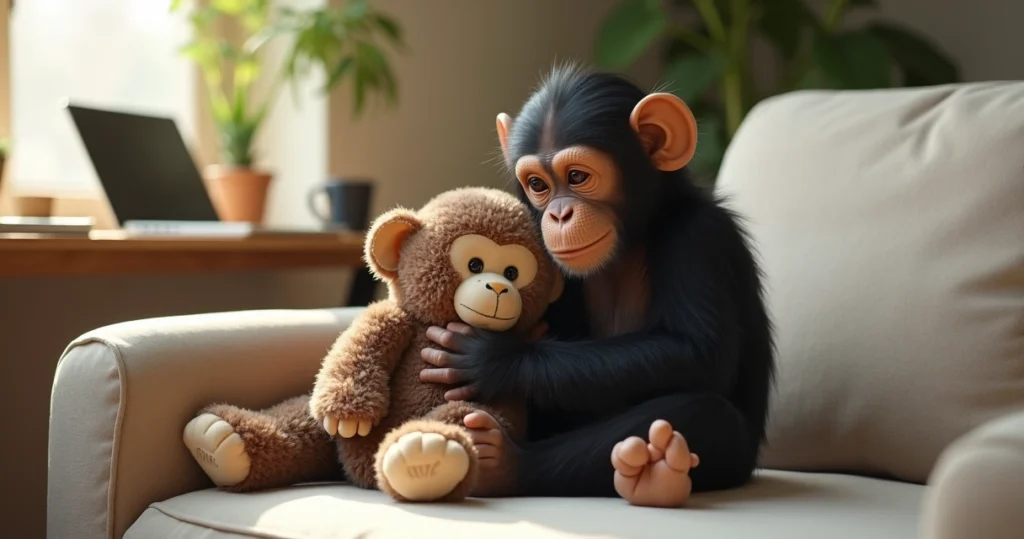 Chimpanzé jovem abraçando macaco de pelúcia em ambiente acolhedor