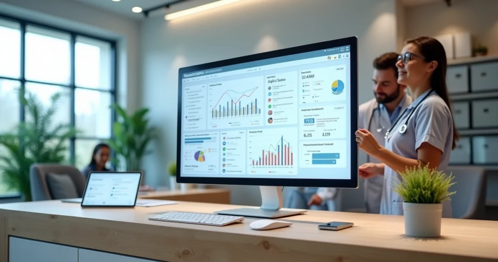 Equipe de clínica médica analisando marketing digital em vários dispositivos na recepção moderna