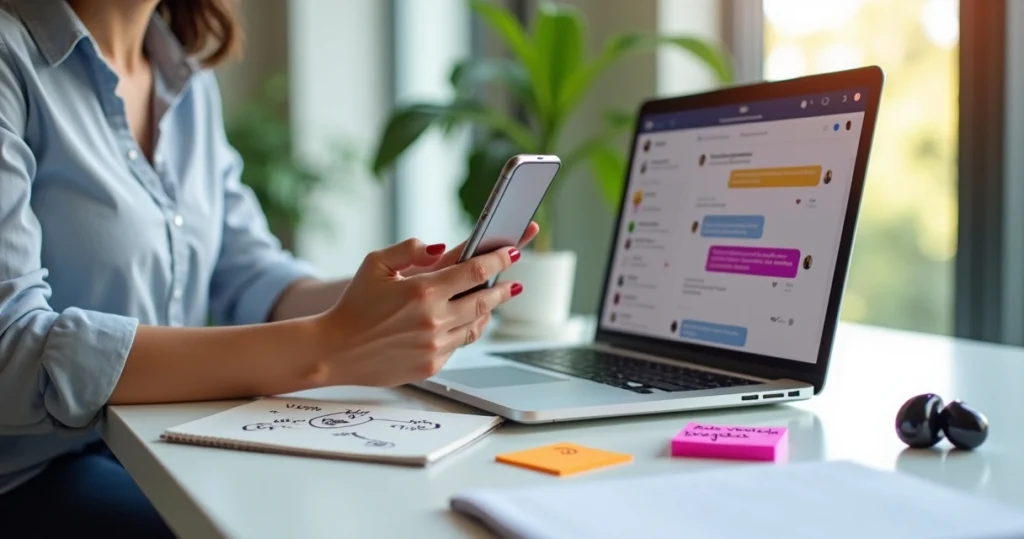Empresária gerenciando mensagens prontas do Instagram no notebook e celular
