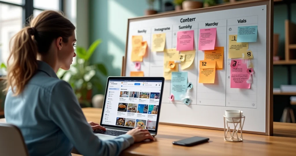 Profissional planejando semana de posts em painel com calendário e redes sociais
