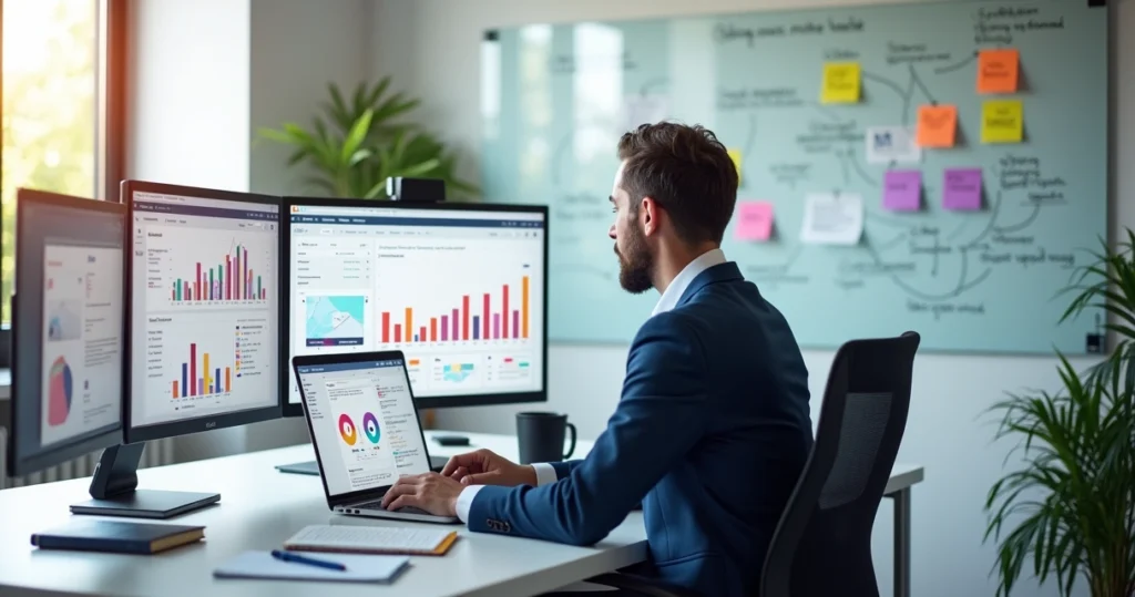 Profissional analisando estratégia de marca nas redes sociais em múltiplas telas