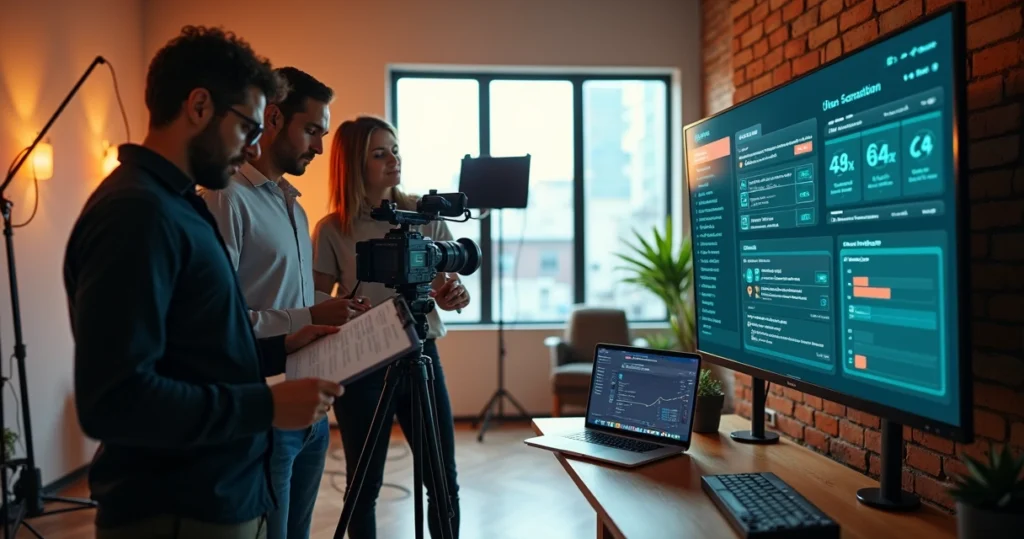 Equipe de produtora de vídeo ajustando câmera em estúdio moderno com tela exibindo gráficos de marketing digital