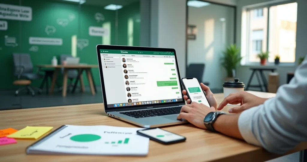 Profissional usando notebook e WhatsApp para recuperar clientes inativos