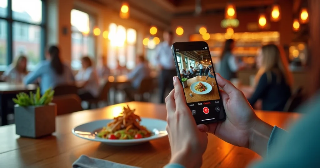 Cliente grava vídeo de prato no restaurante para reels do Instagram