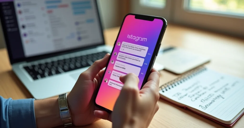 Gestor de marketing usando respostas rápidas no Instagram para atender seguidores