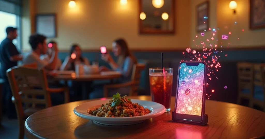 Mesa de restaurante simples em destaque com tela de celular mostrando muitas curtidas
