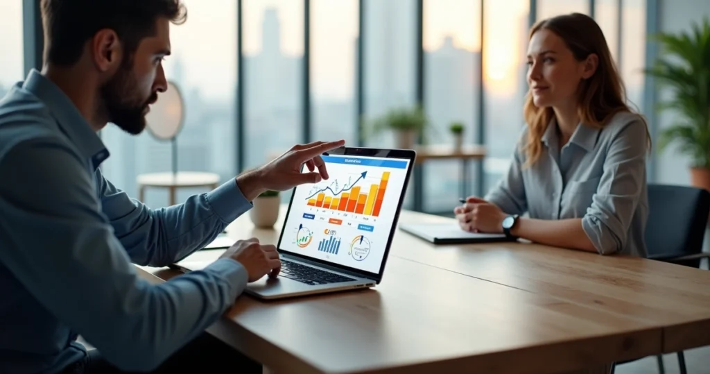 Profissional de vendas mostrando proposta de valor para cliente em reunião