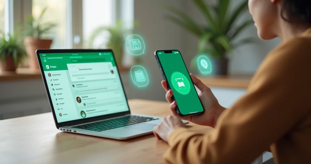 Tela de WhatsApp Business com dona de pequena empresa usando recursos avançados para atendimento e vendas