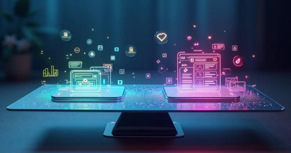 Balança com lado Google Ads e lado Meta Ads sobre fundo digital colorido