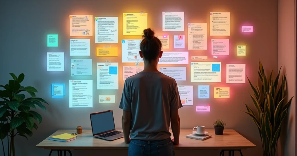 Criador de conteúdo organiza posts digitais coloridos com ajuda de IA