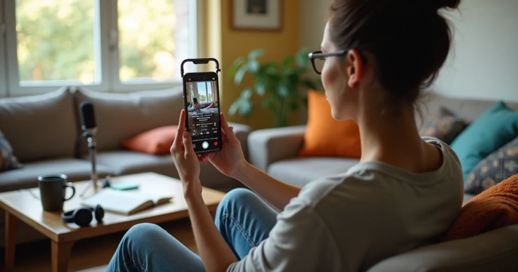 Pessoa gravando conteúdo lo-fi com smartphone na mão em sala simples e iluminada
