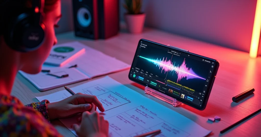 Criadora de conteúdo olhando tela vertical com ondas sonoras e ícones do Instagram e TikTok