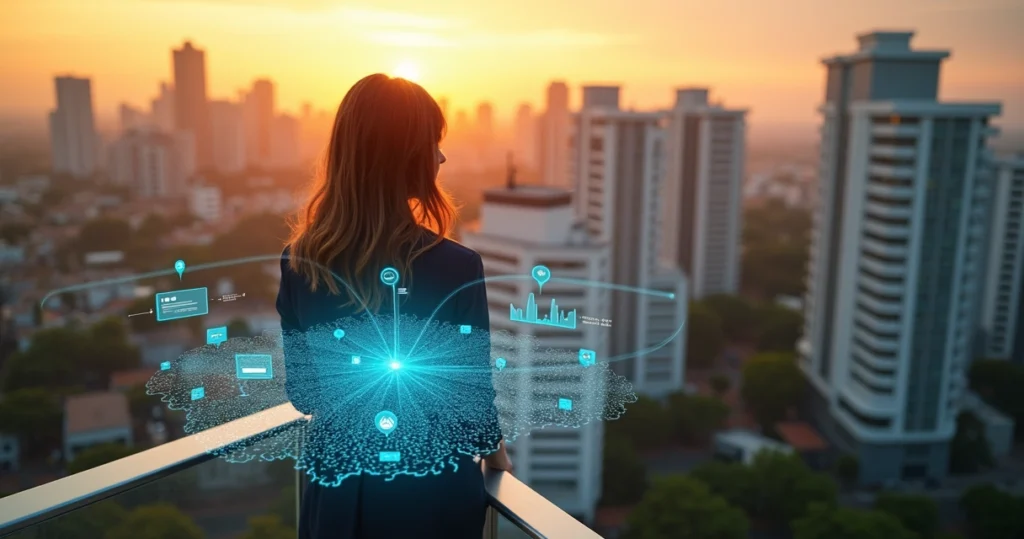 Empresária em Curitiba observando mapa digital com destaques de marketing