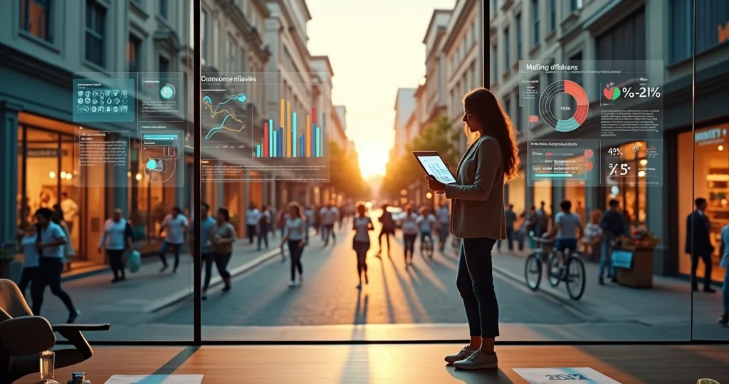 Empresária observa consumidoras com estilo de vida fitness em ambiente urbano moderno